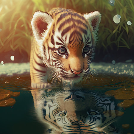 Conceptual: a small tiger cub reflected in a pool of water, seeing a mirrored adult tiger inside. Concept of courage, potential, threat and fear. Ambition, dreaming, twinning, ambition and overrating.の素材