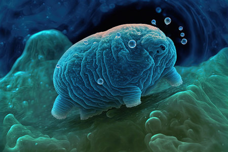 Microscope magnification close-up of Tardigrade or Water Bear. Phylum micro-animal, the most resilient in the world able to survive extreme conditions. 3d rendered cartoon illustration.の素材
