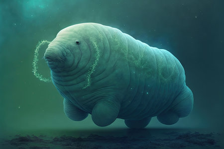 3D cartoon rendering at microscope, of funny Tardigrade, or Water Bear. These micro-animals belong to the same phylum, and are known for their incredible resilience to extreme environments.の素材
