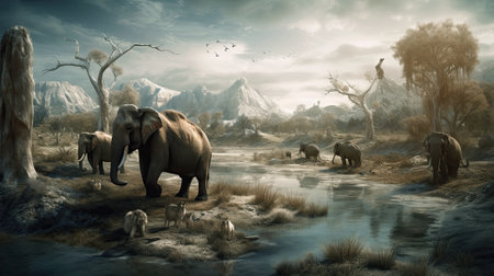 GAME DESIGN BACKGROUND: 10,000 BC forests habitat for a vast array of creatures: elephants and mammoths, tigers, primates, birds, reptiles, and insects. AI-generatedの素材