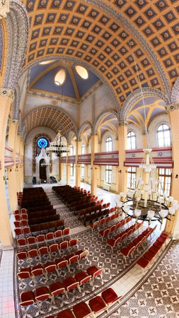 Edirne, Turkey - Aug 9,2023: Grand Synagogue of Edirne, also known as the Great Synagogue. Built in 20th century, synagogue showcases a blend of Moorish, Ottoman, and Art Nouveau architectural styles.のeditorial素材