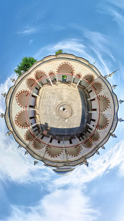 tiny planet 360 panoramic view of the Madrasa hospice of Bayezid II Mosque Complex in Edirne,...