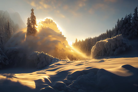 vast avalanche on mountain with sunlight. Powerful avalanche and a wall of ice in the snow-covered landscape at high altitude, avalanche risk concept. Winter time landscape covered with snow.の素材