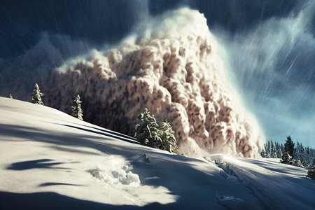 A massive avalanche has fallen into the mountain, causing a powerful avalanche and a wall of ice. Avalanche danger concept. Winter snowy landscape with sunlight shining.の素材
