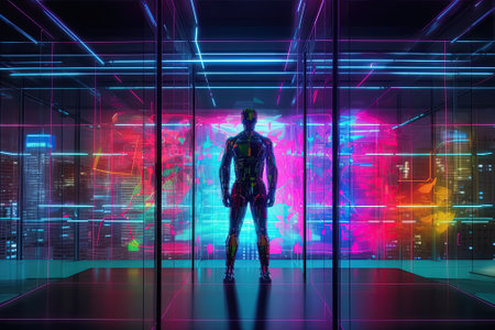 Back view of a businessman inside a virtual network connection in today's fast-paced world, conveying a sense of ambition and success. AI-generated.の素材