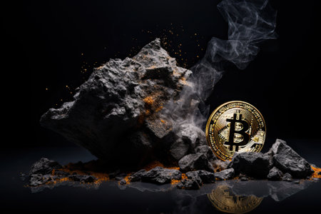 fire Bitcoin is showcased against a backdrop of black rock. This symbolizes a bullish scenario in the crypto market. Bitcoin is both a decentralized cryptocurrency and a digital representation of goldの素材