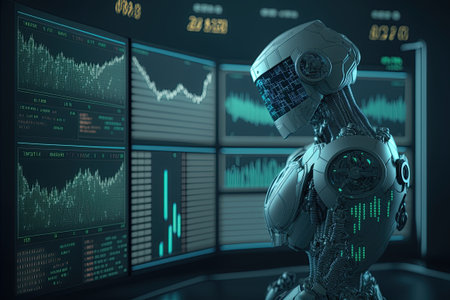 Artificial Intelligence automated program able to analyze and trade based on the candlestick chart. AI trading bot using predictive formulas and machine learning to make investments in stock market.の素材