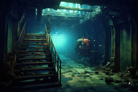 Marine life such as colorful coral formations and curious fish, are seen exploring and inhabiting the shipwreck interior of Titanic adding a sense of vibrant life to the underwater scene. AI-generatedの素材