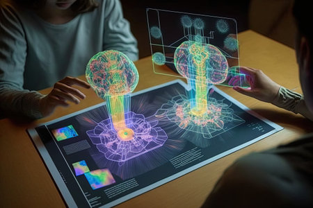 Education: 3D Touch Hologram Displays used in classrooms for interactive learning experiences. Science teachers use it to illustrate complex concepts like the structure of atoms or the human bodyの素材