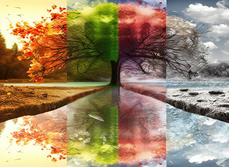 The four seasons in a tree reflected in the water of a lake. Concept of weather changing and cycle of nature in time.の素材