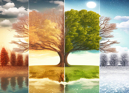 An abstract tree is composed of four different images of the same tree, depicting it in different seasons: spring, winter, summer, and autumn. Reflected in a lake. Concept of weather and nature cyclesの素材