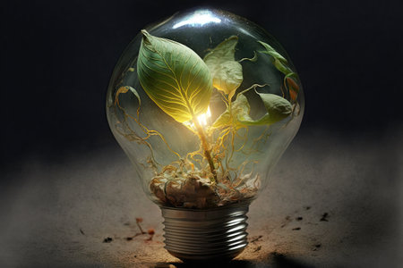 An idea of using a light bulb containing a seedling to demonstrate a sustainable form of energy conservation, reuse, and recycling. This concept works to combat global warming.の素材