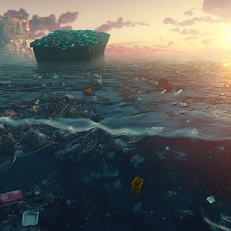 unpleasant sight of plastic and garbage floating in ocean and sea is visible as environmental calamities caused by dumping of plastic, light metals such as tin cans, surgical masks and organic waste.の素材