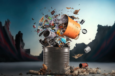 There is rubbish scattered around a trash can on a city street, symbolizing the risk of environmental contamination. The concept of recycling waste in urban areas is illustrated.の素材
