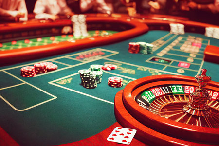An image of a roulette game taking place on a sleek green table, accompanied by casino chips. The concept of gambling-addicted and wealthy is conveyed through this 3D illustration.の素材