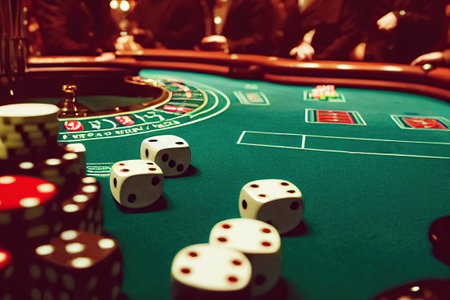 A close-up of a green roulette game and casino chips in a modern casino. The image conveys the idea of gambling addiction and wealth. 3D illustration.の素材