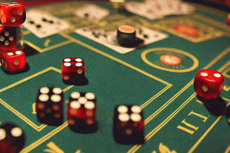 A close-up of modern casino interior. Dice and playing cards on a green table stand for gambling addiction and wealth. 3D illustration.の素材