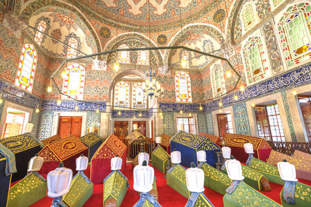 Istanbul, Turkey - Aug 1, 2023: graveyard tombs inside Hagia Sophia Burial chambers of Ottoman Sultans in Istanbul's museum, adorned with calligraphy, tile work, and mosaics. Includes five Sultans.のeditorial素材