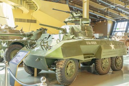 Royal Tank Museum, Amman, Jordan - May 4, 2024:Authentic M8 Greyhound 6x6 armored car from World War...