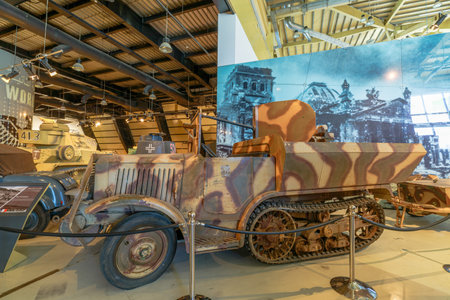 Royal Tank Museum, Amman, Jordan - May 4, 2024: 1940s French Unic P107 Halftrack APC is exhibited in pristine condition at the Royal Tank Museum in Jordan for historical educationのeditorial素材