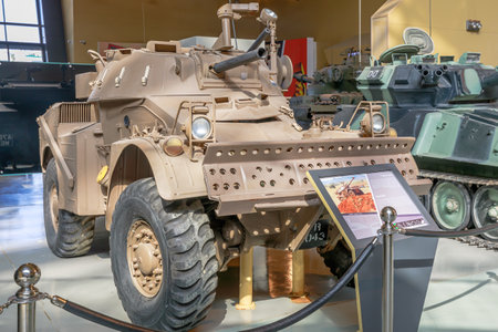 Royal Tank Museum, Amman, Jordan - May 4, 2024: South African Eland Mk7 light armored car from the 1960s exhibited in the Royal Tank Museum of Jordan among other military vehiclesのeditorial素材
