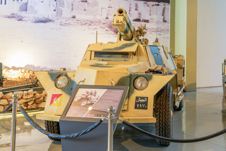 Royal Tank Museum, Amman, Jordan - May 4, 2024: Historical British QF 3.7inch mountain howitzer showcased in the Royal Tank Museum, Jordan, exhibiting military heritage and weaponryのeditorial素材