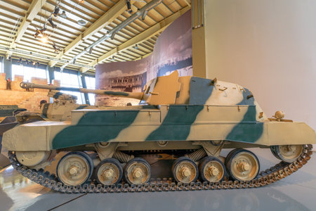 Royal Tank Museum, Amman, Jordan - May 4, 2024: British Valentine Archer tank destroyer on display at the Royal Tank Museum in Jordan, representing historical military engineering and armamentのeditorial素材