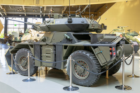 Royal Tank Museum, Amman, Jordan - May 4, 2024: Classic British FV721 Fox combat vehicle on display at the Royal Tank Museum in Jordan, showcasing military history and engineeringのeditorial素材