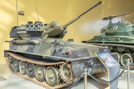 Royal Tank Museum, Amman, Jordan - May 4, 2024: British Scimitar light tank exemplifies military history, showcased among other armored vehicles in Jordan's Royal Tank Museumのeditorial素材