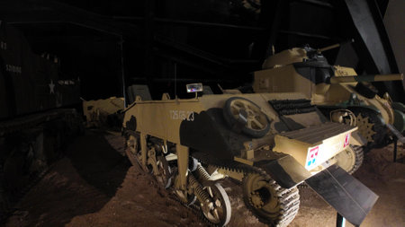 Royal Tank Museum, Amman, Jordan - May 4, 2024: Preserved loyd carrier, a British small tracked military vehicle displayed in the atmospheric setting of the Royal Tank Museum, Jordanのeditorial素材