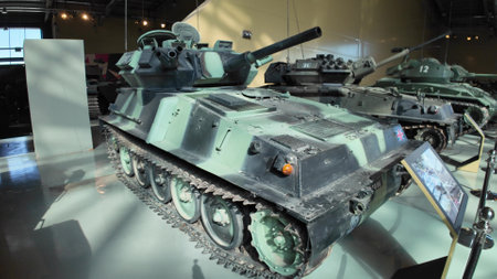 Royal Tank Museum, Amman, Jordan - May 4, 2024: British Scorpion light tank showcased at the Royal Tank Museum in Jordan, displaying military heritage and engineering designのeditorial素材