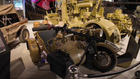 Royal Tank Museum, Amman, Jordan - May 4, 2024: 1940 BMW R75 motorcycle with sidecar, used by the Nazi German Wehrmacht, displayed at the Royal Tank Museum in Jordanのeditorial素材