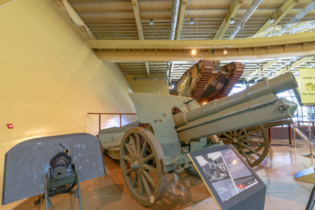 Royal Tank Museum, Amman, Jordan - May 4, 2024: German 150mm Howitzer Cannon from the Nazi era displayed in the Royal Tank Museum of Jordan, showcasing historic military artilleryのeditorial素材