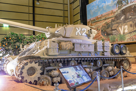 Royal Tank Museum, Amman, Jordan - May 4, 2024: Well preserved super sherman M50 American tank from the 1950s cold war era on display at the Royal Tank Museum in Jordanのeditorial素材