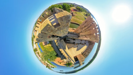 aerial view 360 degree tiny planet effect of Smederevo fortress on the Danube in Serbia, offering a panoramic view of a Smederevo. A national Monument of Culture of Exceptional Importance in Serbia.の写真素材