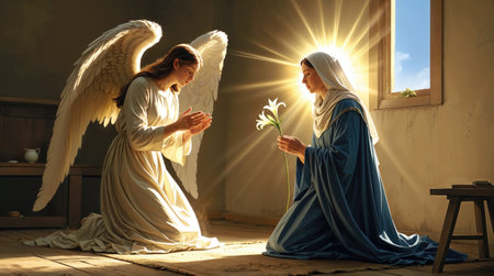 Kneeling angel gabriel delivering god's message to Virgin Mary, holding a white lily, announcing Jesus' birth in a humble Nazareth home with bright light shining through the windowの素材