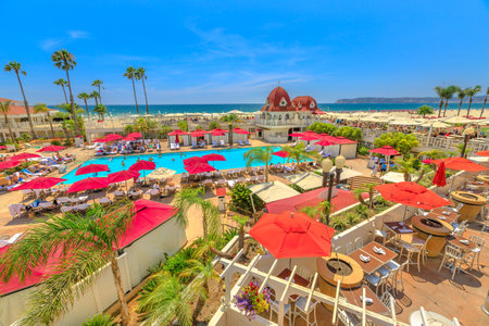 San Diego, California, United States - August 1, 2018: aerial view of swimming pool at historic Victorian Coronado Hotel on Pacific Ocean, a beachfront luxury resort, Coronado Island. Summer holidays.の写真素材