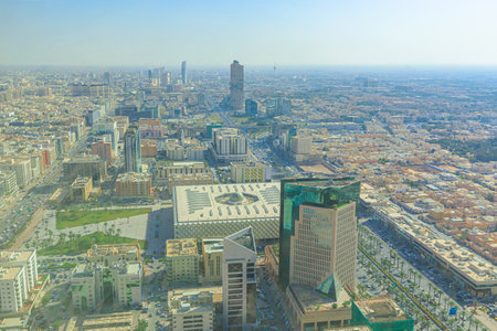 Panoramic view of Riyadh, Saudi Arabia, showcasing the vast urban sprawl, bustling streets, and modern architecture under a bright, sunny skyの写真素材