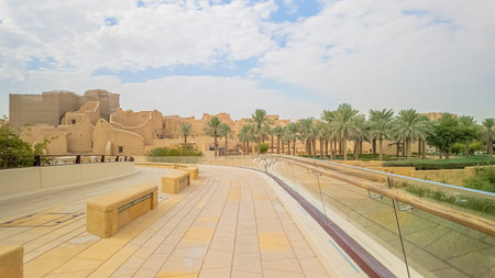 Panoramic view of Diriyah, a historic city near Riyadh, Saudi Arabia, featuring traditional...