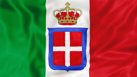 historical flag of Kingdom of Italy (1861-1946) featuring crown and shield with white cross on red, representing the nation's history and identity. Flag of the Kingdom of Sardinia (1851-1861)の写真素材