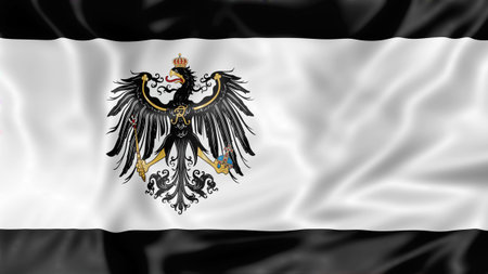 historical State flag of the Kingdom of Prussia, isolated waving flag featuring a black eagle with a crown and a scepter on a white and black horizontal bicolor with visible fabric textureの写真素材