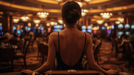 Elegant woman with dark hair wearing a beautiful evening gown is playing in a luxury casino in Las Vegas, with slot machines and gamblers in the backgroundの素材