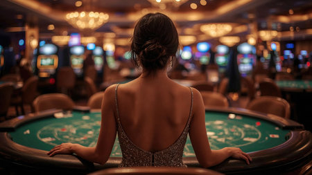 Elegant gambler woman at table of poker in a luxury casino, with slot machines and chandeliers in the background, creating a sophisticated and exciting atmosphereの素材