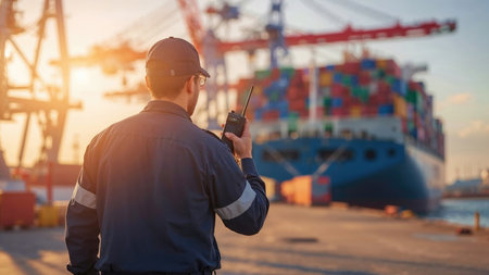 Dockworker communicating via walkie-talkie while coordinating loading operations at a commercial port during sunset, with a cargo ship and cranes silhouetted in the backgroundの素材