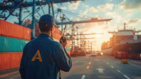 Dockworker wearing uniform and holding walkie-talkie is controlling cargo handling operations in a shipyard with cargo ship and cranes at sunsetの素材