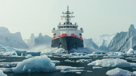 Powerful icebreaker vessel making its way through a frozen landscape in Greenland, surrounded by icebergs and glaciers, showcasing arctic exploration and maritime strengthの素材