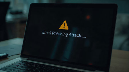 Laptop displaying email phishing attack warning message with alert icon, highlighting online security threats and the importance of cybersecurity awarenessの素材