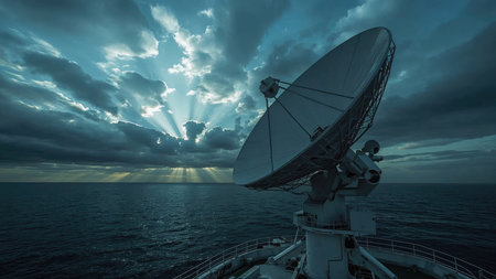 Large satellite dish positioned on a platform above the ocean, transmitting and receiving signals under a stunning sunset, while crepuscular rays illuminate the serene seascapeの素材