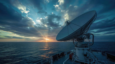 Large satellite dish mounted on a boat's deck receiving data with a beautiful sunset over the ocean in the background, creating a captivating scene of technology and natureの素材