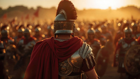 Roman general clad in shining armor and a flowing red cape, inspiring legionaries with words of courage and strength as they prepare for battle beneath a breathtaking golden sunsetの素材
